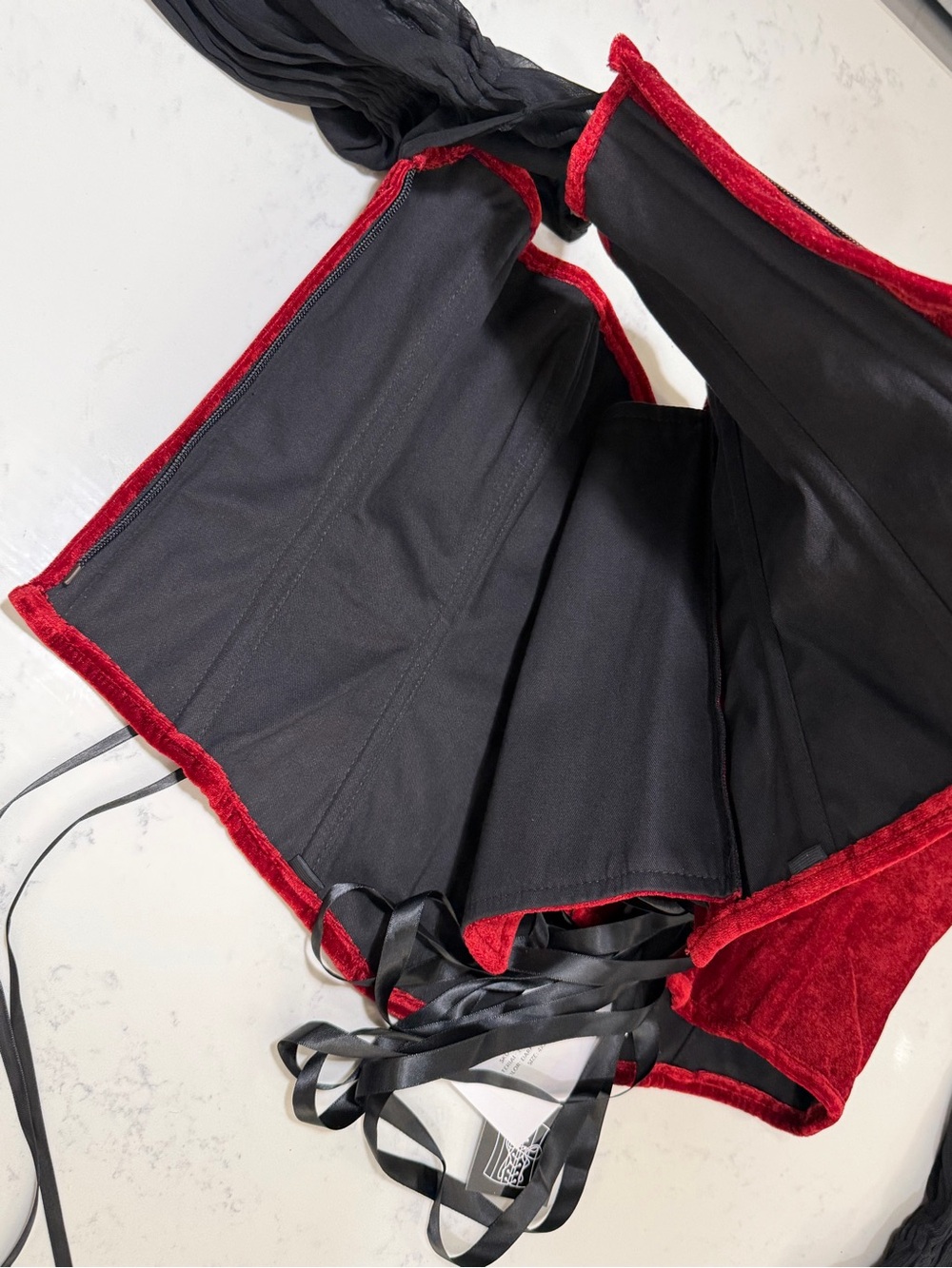 Red Velvet Lace-Up Corset with Black Lacing and black sleeves - Women’s Accessor - Picture 10 of 16